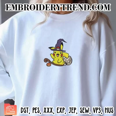 Pikachu Witch And Broom Embroidery Design, Pokemon Halloween Machine Embroidery Digitized Pes Files