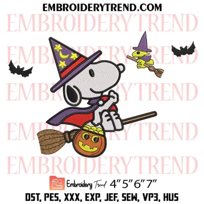 Snoopy Woodstock Witch Riding Broom Embroidery Design, Pumpkin Halloween Machine Embroidery Digitized Pes Files