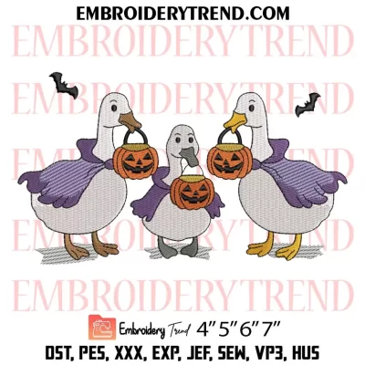 Witch Goose Halloween Embroidery Design, Ducks and Pumpkin Machine Embroidery Digitized Pes Files