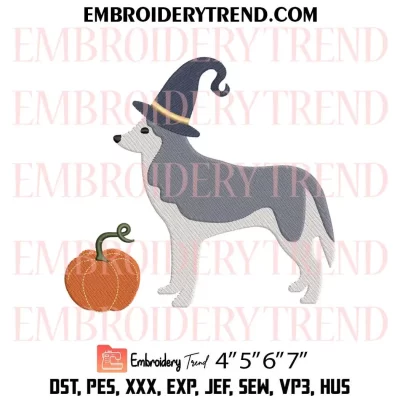 Witch Husky Dog Pumpkin Embroidery Design, Dog Halloween Machine Embroidery Digitized Pes Files