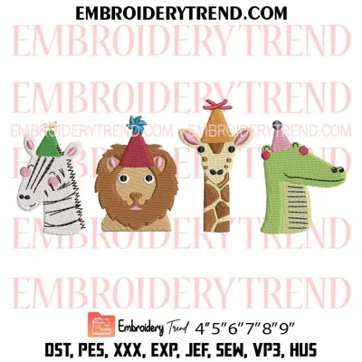 Animal Birthday Merriment Embroidery Design, Birthday Party Animals Machine Embroidery Digitized Pes