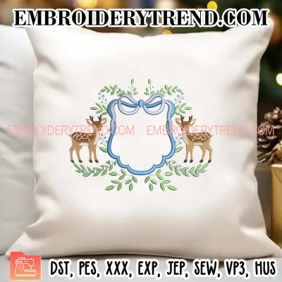 Banner Frame Deer Ribbon Embroidery Design, Bow Monogram Crest Frame Machine Embroidery Digitized Pes Files