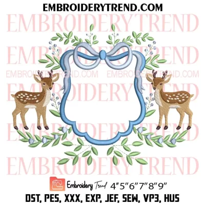 Banner Frame Deer Ribbon Embroidery Design, Bow Monogram Crest Frame Machine Embroidery Digitized Pes Files