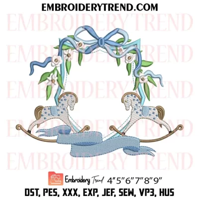 Banner Frame Rocking Horse Embroidery Design, Frame Flower Bow Machine Embroidery Digitized Pes Files