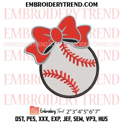 Baseball With Bow Embroidery Design, Girl Baseball Machine Embroidery Digitized Pes Files