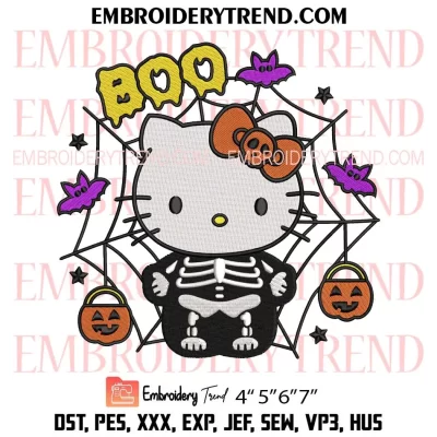 Boo Hello Kitty Skeleton Embroidery Design, Halloween Kitty Machine Embroidery Digitized Pes Files