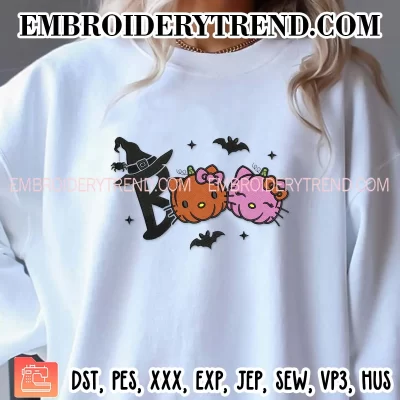 Boo Pumpkin Hello Kitty Embroidery Design, Boo Halloween Machine Embroidery Digitized Pes Files