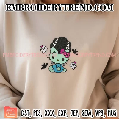 Bride of Frankenstein Hello Kitty Embroidery Design, Halloween Frankenstein Kitty Machine Embroidery Digitized Pes Files