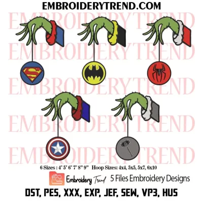 Bundle Grinch Hand Holding Marvel Logo Embroidery Design, 5 Files Marvel Christmas Machine Embroidery Digitized Pes Files