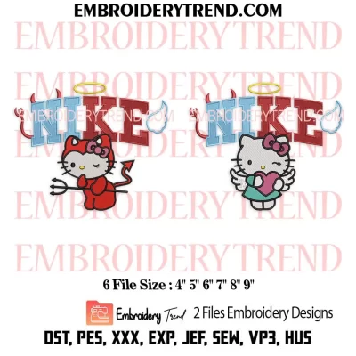 Bundle Kitty Devil Angel Nike Embroidery Design, Hello Kitty Devil and Angel Couple Machine Embroidery Digitized Pes Files