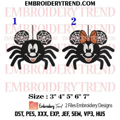 Bundle Mickey Minnie Spider Embroidery Design, Halloween Couple Mickey Minnie Machine Embroidery Digitized Pes Files