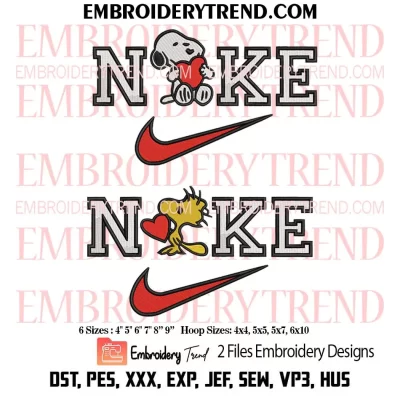 Bundle Snoopy Woodstock Heart Nike Embroidery Design, Couple Valentine Cartoon Machine Embroidery Digitized Pes Files