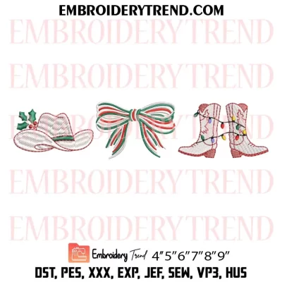 Christmas Bow Boots Hat Embroidery Design, Cowboy Christmas Machine Embroidery Digitized Pes Files