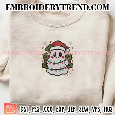 Christmas Ghost Santa Lights Embroidery Design, Cute Xmas Vibes Machine Embroidery Digitized Pes Files