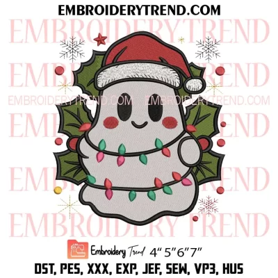 Christmas Ghost Santa Lights Embroidery Design, Cute Xmas Vibes Machine Embroidery Digitized Pes Files