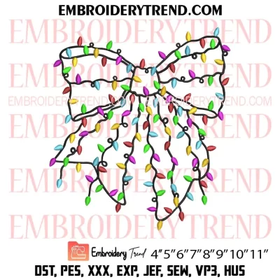 Christmas Light Bow Embroidery Design, Coquette Bow Machine Embroidery Digitized Pes Files