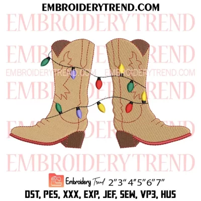 Christmas Lights Cowboy Boots Embroidery Design, Western Boots Machine Embroidery Digitized Pes Files