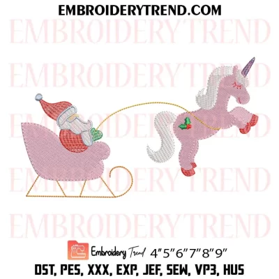 Christmas Unicorn Pulling Santa Embroidery Design, Merry Christmas Machine Embroidery Digitized Pes