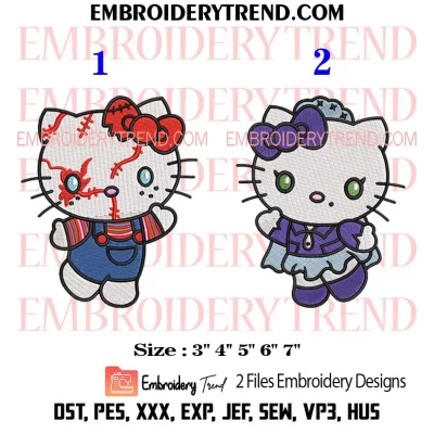 Couple Hello Kitty Chucky and Tiffany Embroidery Design, Bundle Chucky Tiffany Halloween Machine Embroidery Digitized Pes Files