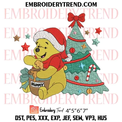 Disney Pooh Hunny Christmas Embroidery Design, Pooh with Christmas Tree Machine Embroidery Digitized Pes Files