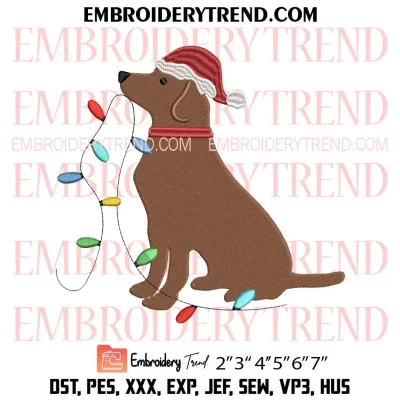 Dog Lab and Christmas Lights Embroidery Design, Dog With Santa Hat Machine Embroidery Digitized Pes