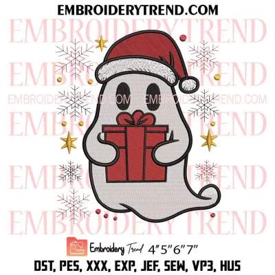 Ghost Holding Gift Box Embroidery Design, Cute Xmas Vibes Machine Embroidery Digitized Pes Files