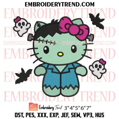 Halloween Hello Kitty Frankenstein Embroidery Design, Kitty Halloween Spooky Machine Embroidery Digitized Pes Files