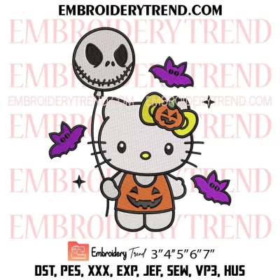 Halloween Jack Balloon Hello Kitty Embroidery Design, Pumpkin Spooky Kitty Machine Embroidery Digitized Pes Files