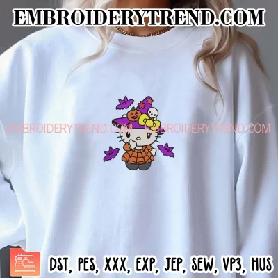 Halloween Witch Hello Kitty Embroidery Design, Kitty Funny Halloween Machine Embroidery Digitized Pes Files