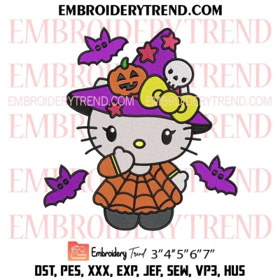 Halloween Witch Hello Kitty Embroidery Design, Kitty Funny Halloween Machine Embroidery Digitized Pes Files