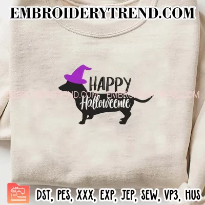 Happy Halloweenie Dachshund Witch Hat Dog Embroidery Design, Dachshund Lovers Machine Embroidery Digitized Pes Files