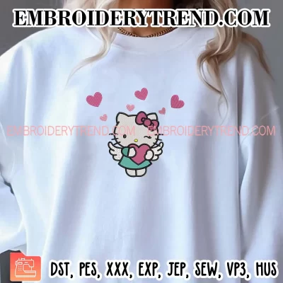 Hello Kitty Angel Valentine Embroidery Design, Hello Kitty Cupid Machine Embroidery Digitized Pes Files