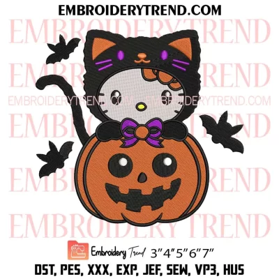 Hello Kitty Black Cat Pumpkin Embroidery Design, Halloween Kitty Cute Machine Embroidery Digitized Pes Files