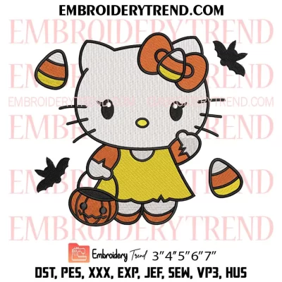 Hello Kitty Candy Corn Halloween Embroidery Design, Pumpkin Halloween Machine Embroidery Digitized Pes Files