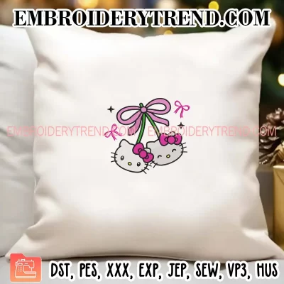 Hello Kitty Coquette Cherry Embroidery Design, Pink Bow Kitty Breast Cancer Machine Embroidery Digitized Pes Files