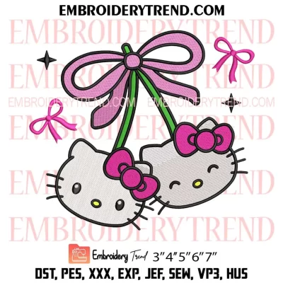 Hello Kitty Coquette Cherry Embroidery Design, Pink Bow Kitty Breast Cancer Machine Embroidery Digitized Pes Files