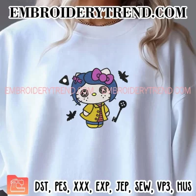 Hello Kitty Coraline Embroidery Design, Sanrio Halloween Machine Embroidery Digitized Pes Files