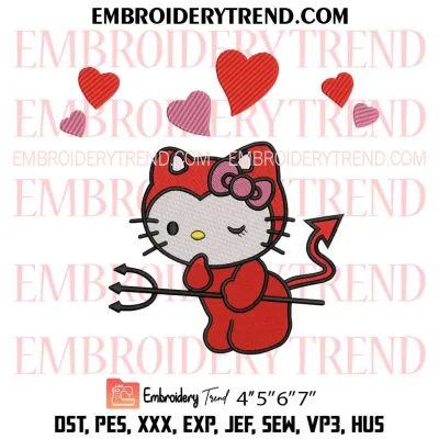 Hello Kitty Devil Valentine Embroidery Design, Cute Kitty Machine Embroidery Digitized Pes Files