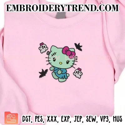 Hello Kitty Frankenstein Embroidery Design, Cute Ghost Halloween Machine Embroidery Digitized Pes Files