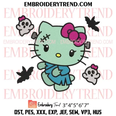 Hello Kitty Frankenstein Embroidery Design, Cute Ghost Halloween Machine Embroidery Digitized Pes Files