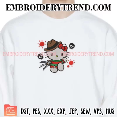 Hello Kitty Freddy Krueger Embroidery Design, Kitty Horror Halloween Machine Embroidery Digitized Pes Files