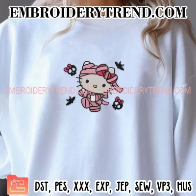 Hello Kitty Mummy Embroidery Design, Kitty Halloween Machine Embroidery Digitized Pes Files