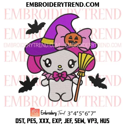 Hello Kitty My Melody Halloween Embroidery Design, Spooky Witch Sanrio Machine Embroidery Digitized Pes Files