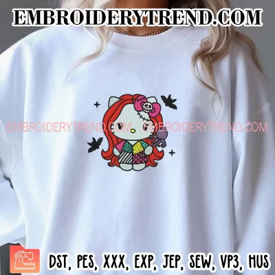 Hello Kitty Sally Skellington Embroidery Design, Halloween Movie Machine Embroidery Digitized Pes Files