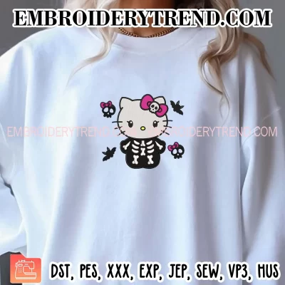 Hello Kitty Skeleton Embroidery Design, Spooky Halloween Machine Embroidery Digitized Pes Files