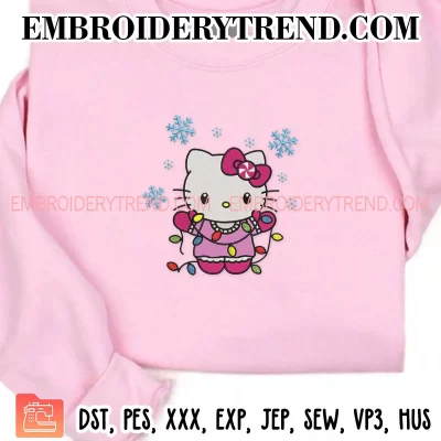 Hello Kitty With Lights Christmas Embroidery Design, Cute Kitty Merry Christmas Machine Embroidery Digitized Pes Files