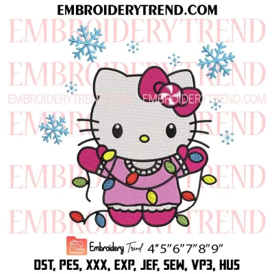 Hello Kitty With Lights Christmas Embroidery Design, Cute Kitty Merry Christmas Machine Embroidery Digitized Pes Files