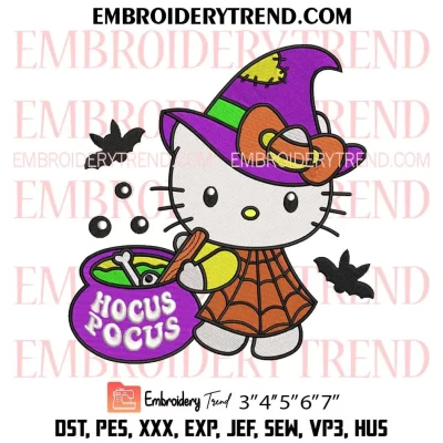 Hocus Pocus Hello Kitty Halloween Embroidery Design, Witchy Kitty Machine Embroidery Digitized Pes Files