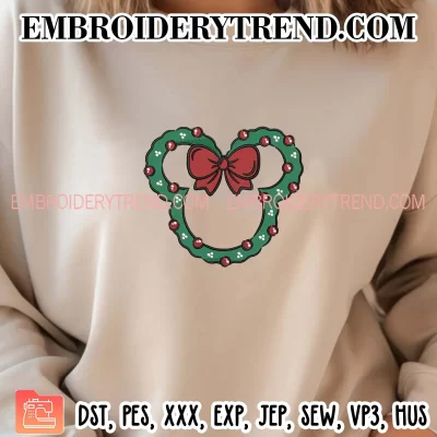 Mickey Head Wreath Christmas Embroidery Design, Christmas Minnie Bow Machine Embroidery Digitized Pes Files