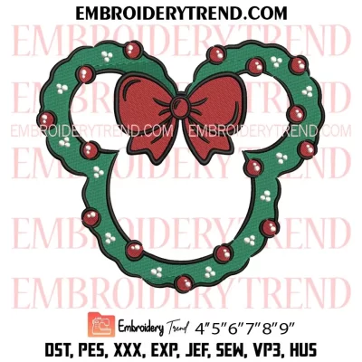 Mickey Head Wreath Christmas Embroidery Design, Christmas Minnie Bow Machine Embroidery Digitized Pes Files